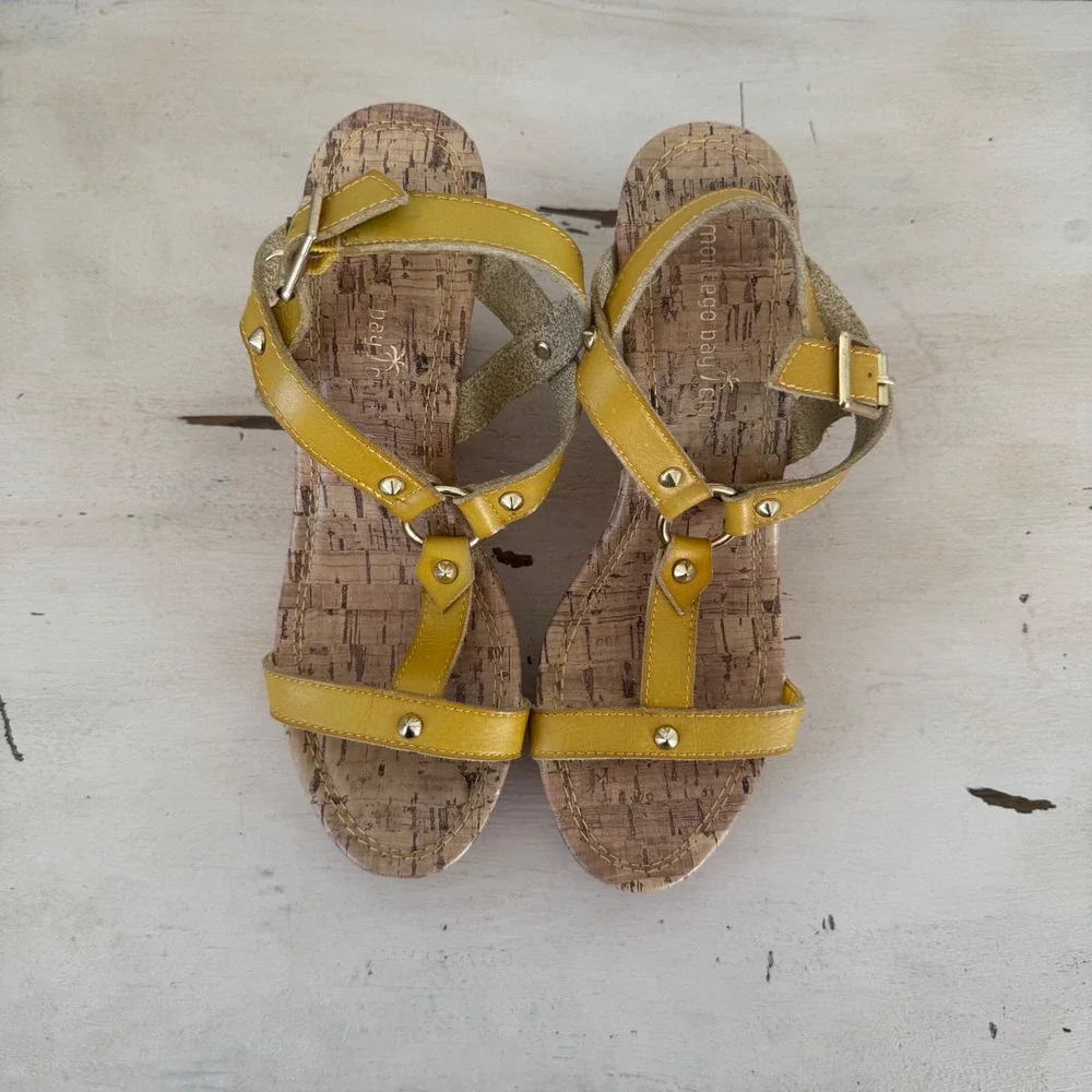 Montego Bay Yellow Wedge Sandals Cork Sole Studded Ankle Strap Women's Size‎ 7